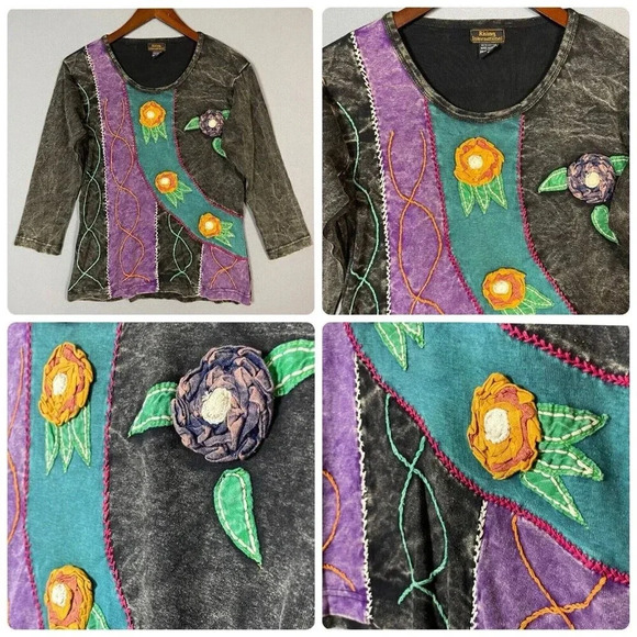 Rising International Top Size Medium M Boho Embroidered 3D Art To Wear Patchwork - Picture 1 of 16